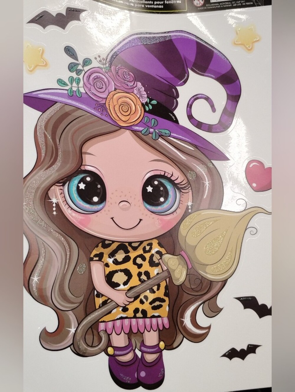 Kids Halloween Witch Window Stickers - Purple & Black striped Hat